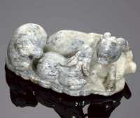 probably Ming dynasty A mottled grey and creamy jade group of three rams